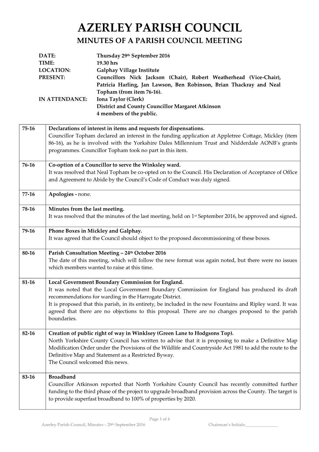 Azerley Parish Council Minutes of a Parish Council Meeting