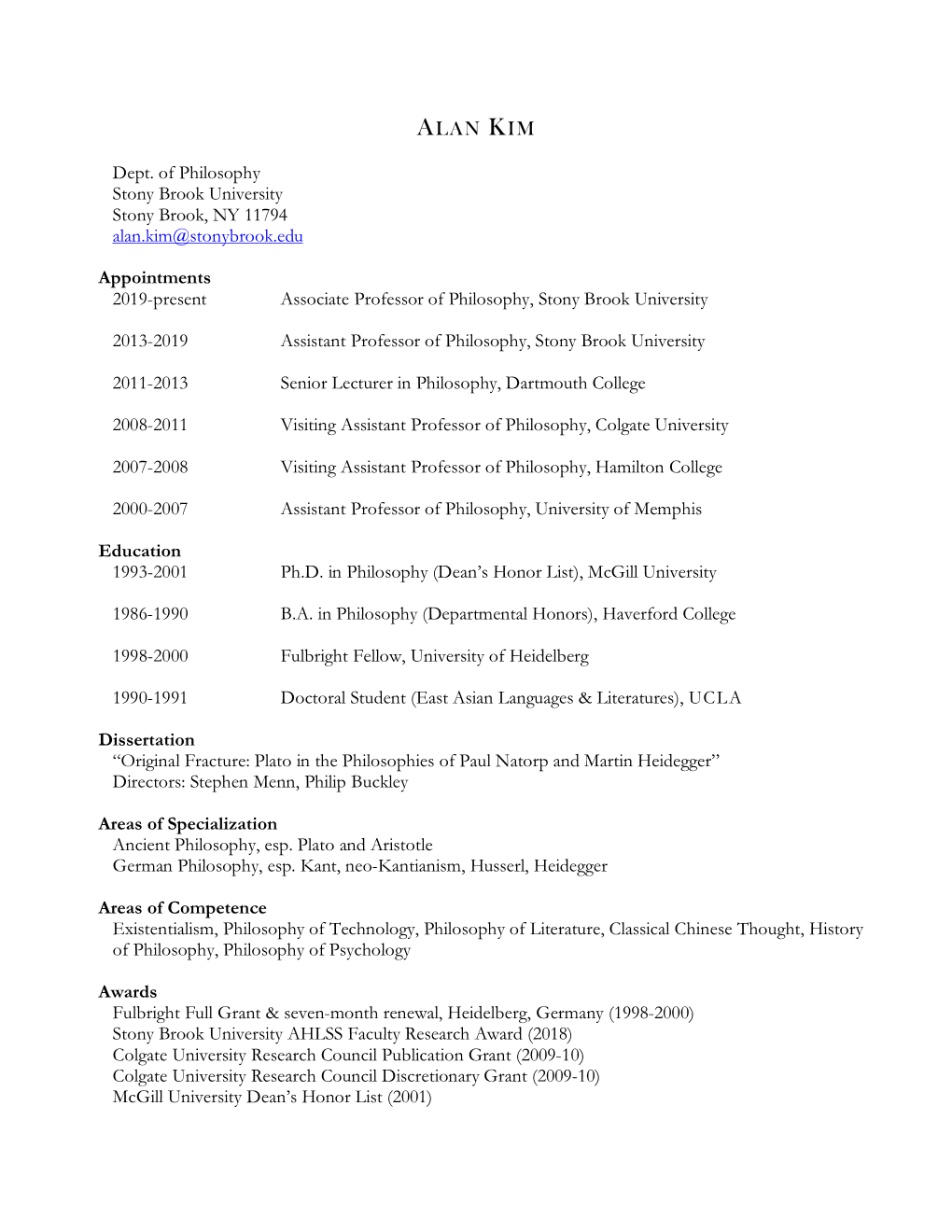 Professor Alan Kim's CV