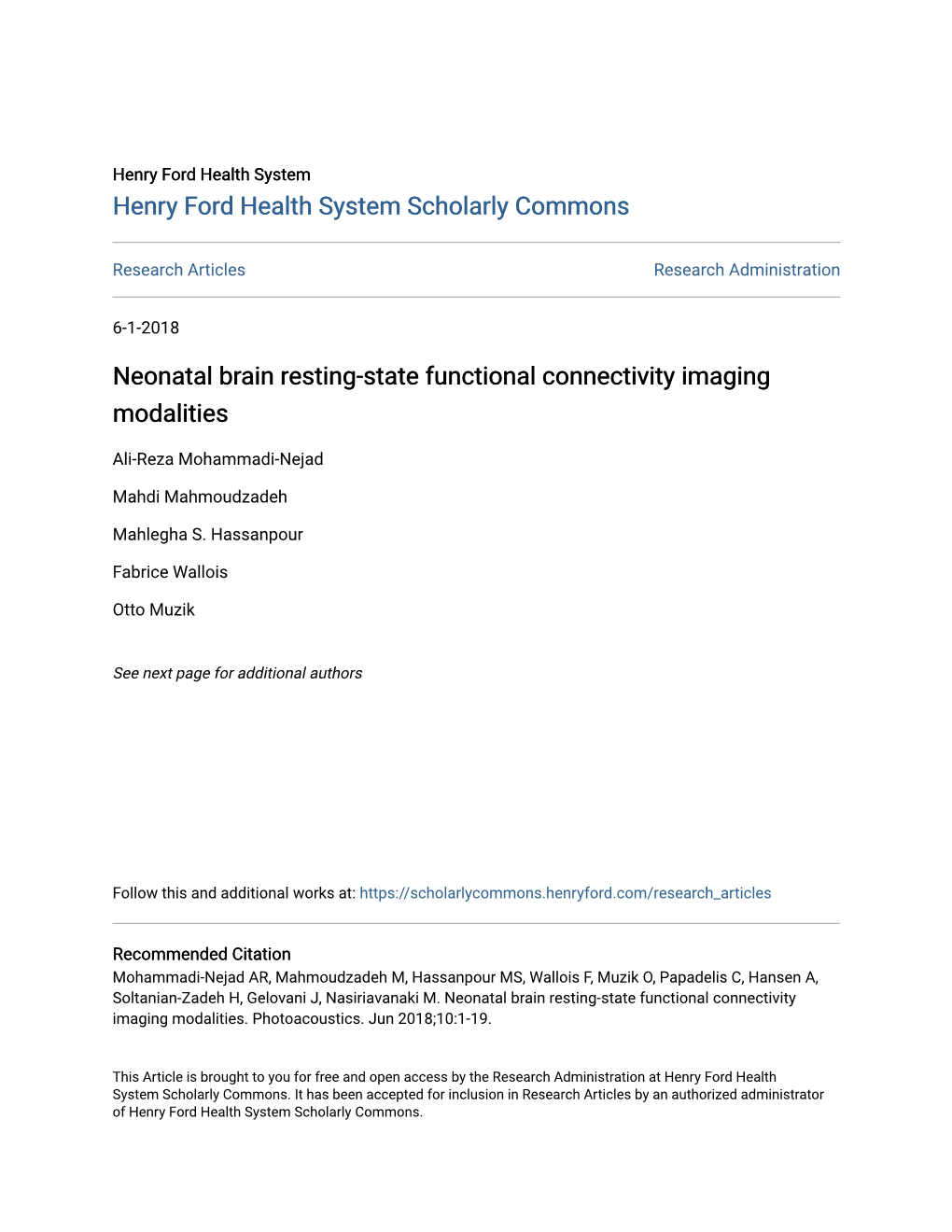 Neonatal Brain Resting-State Functional Connectivity Imaging Modalities