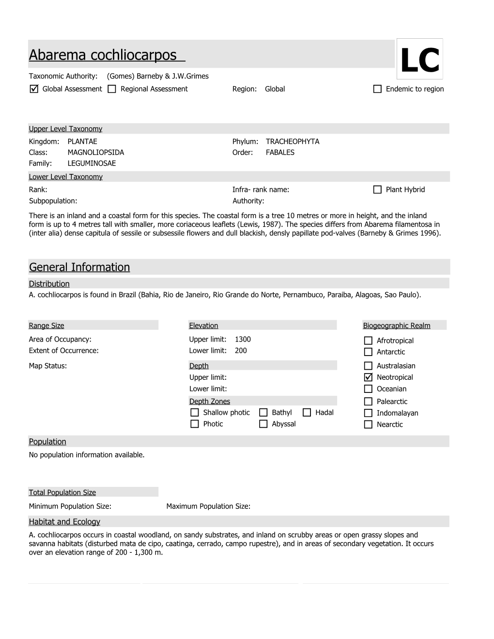 Abarema Cochliocarpos LC Taxonomic Authority: (Gomes) Barneby & J.W.Grimes  Global Assessment  Regional Assessment Region: Global  Endemic to Region