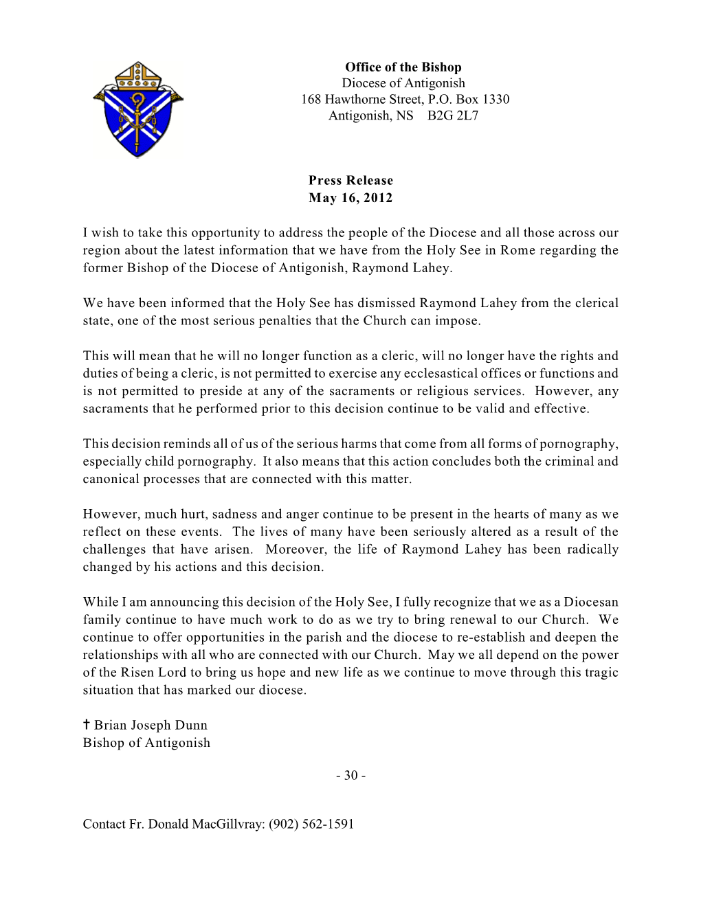 Bishop Dunn Press Release Re Raymond Lahey