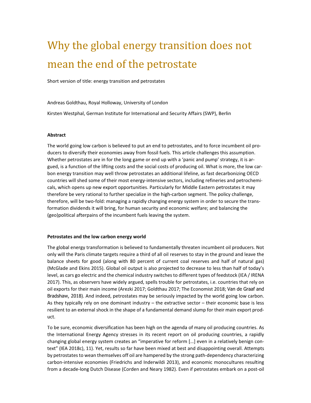 Why the Global Energy Transition Does Not Mean the End of the Petrostate