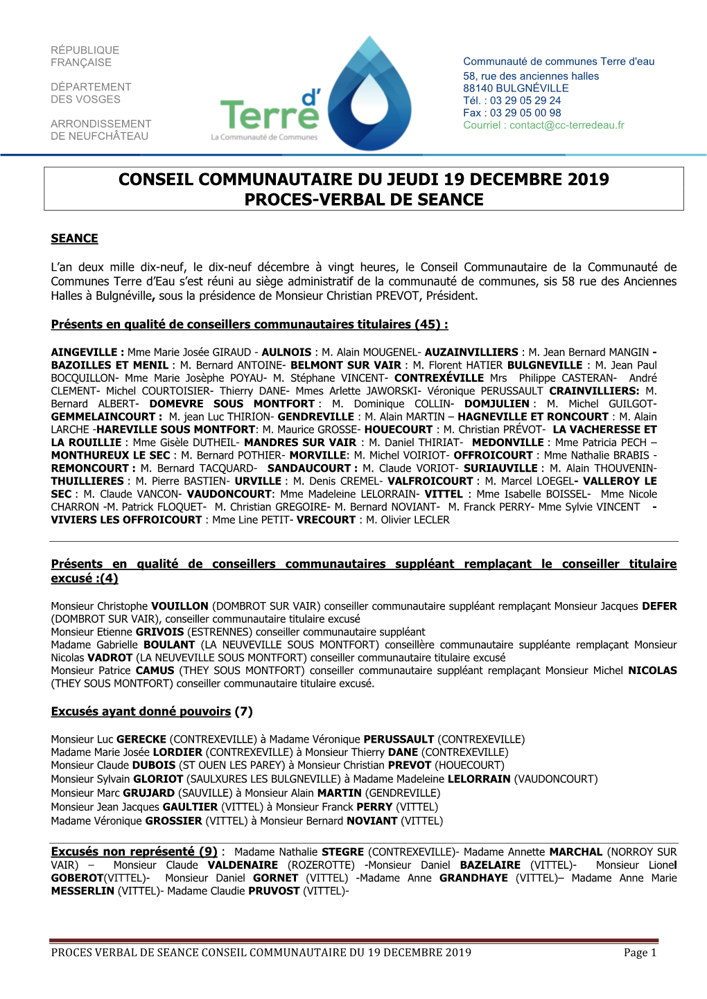 Conseil Communautaire 19 Décembre 2019