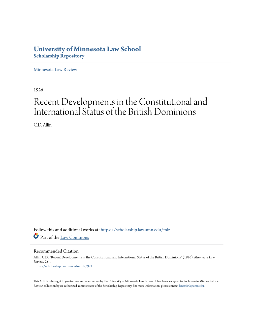 Recent Developments in the Constitutional and International Status of the British Dominions C.D
