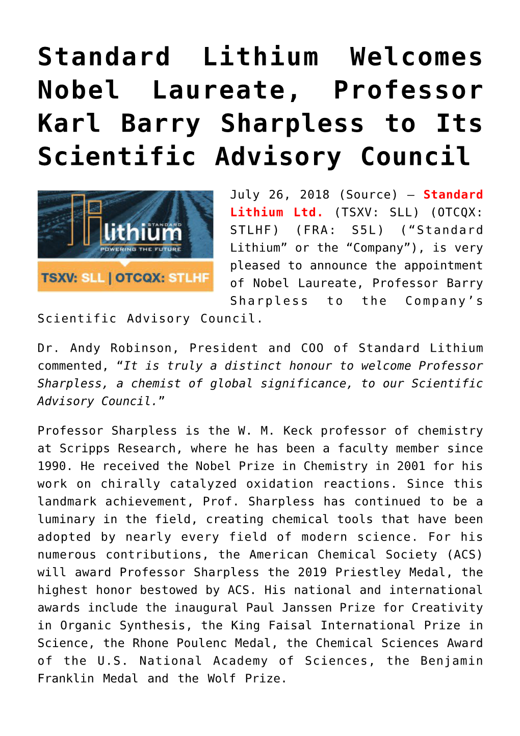 Standard Lithium Welcomes Nobel Laureate, Professor Karl Barry Sharpless to Its Scientific Advisory Council