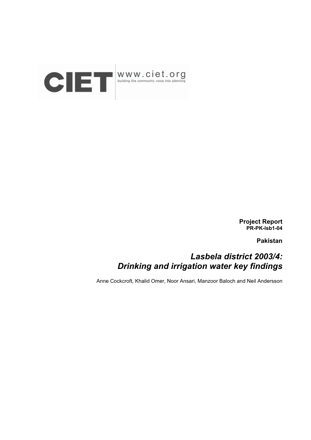 Lasbela District 2003/4: Drinking and Irrigation Water Key Findings