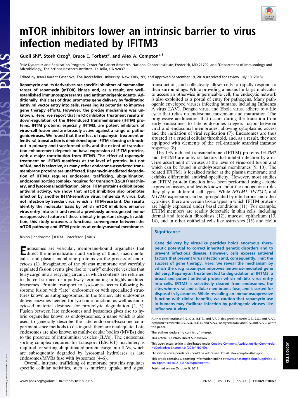 Mtor Inhibitors Lower an Intrinsic Barrier to Virus Infection Mediated by IFITM3