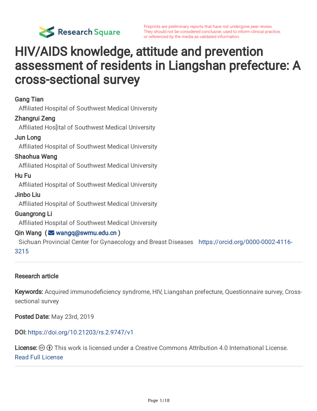 HIV/AIDS Knowledge, Attitude and Prevention Assessment of Residents in Liangshan Prefecture: a Cross-Sectional Survey