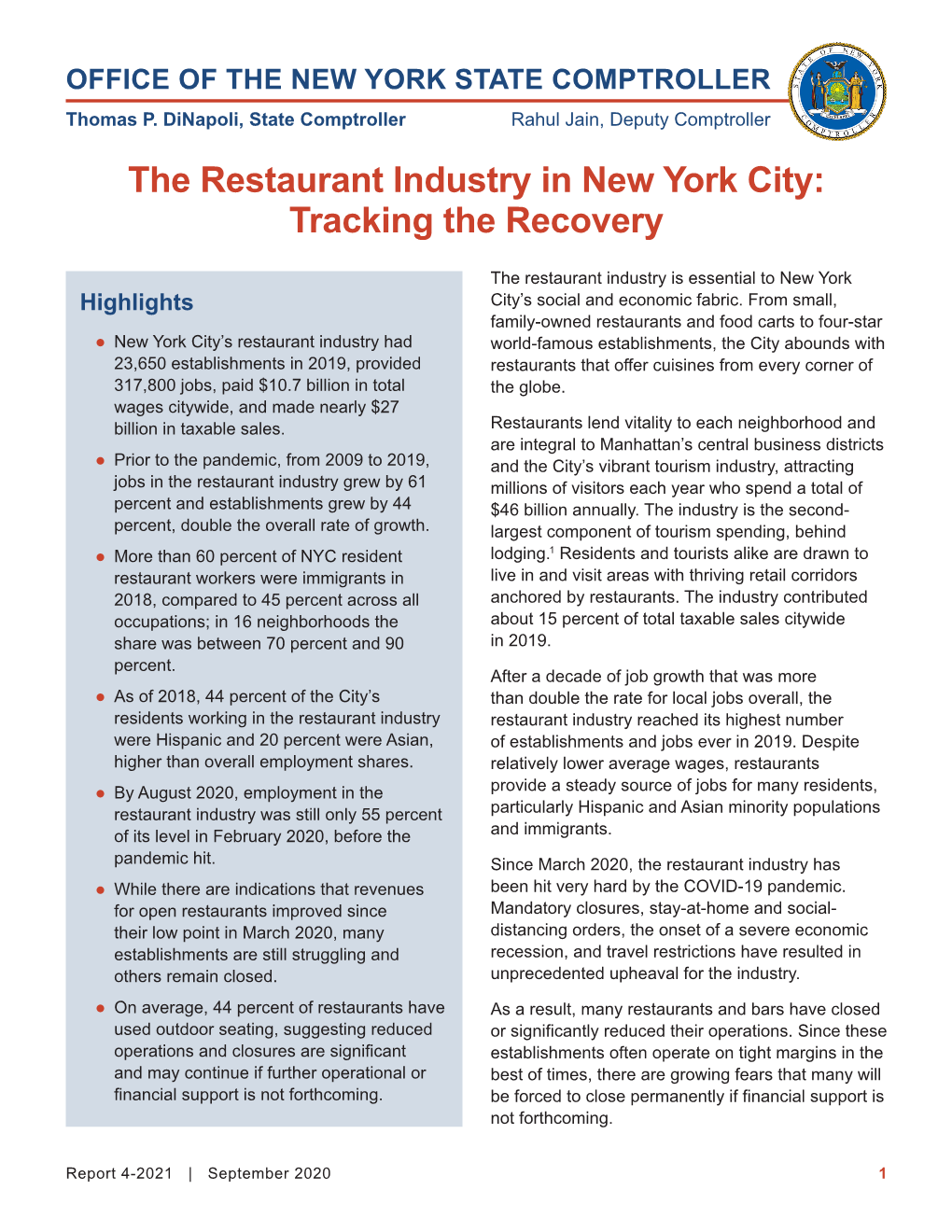 The Restaurant Industry in New York City: Tracking the Recovery