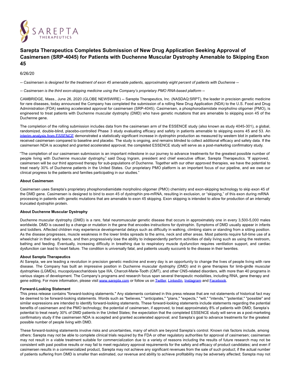 SRP-4045) for Patients with Duchenne Muscular Dystrophy Amenable to Skipping Exon 45