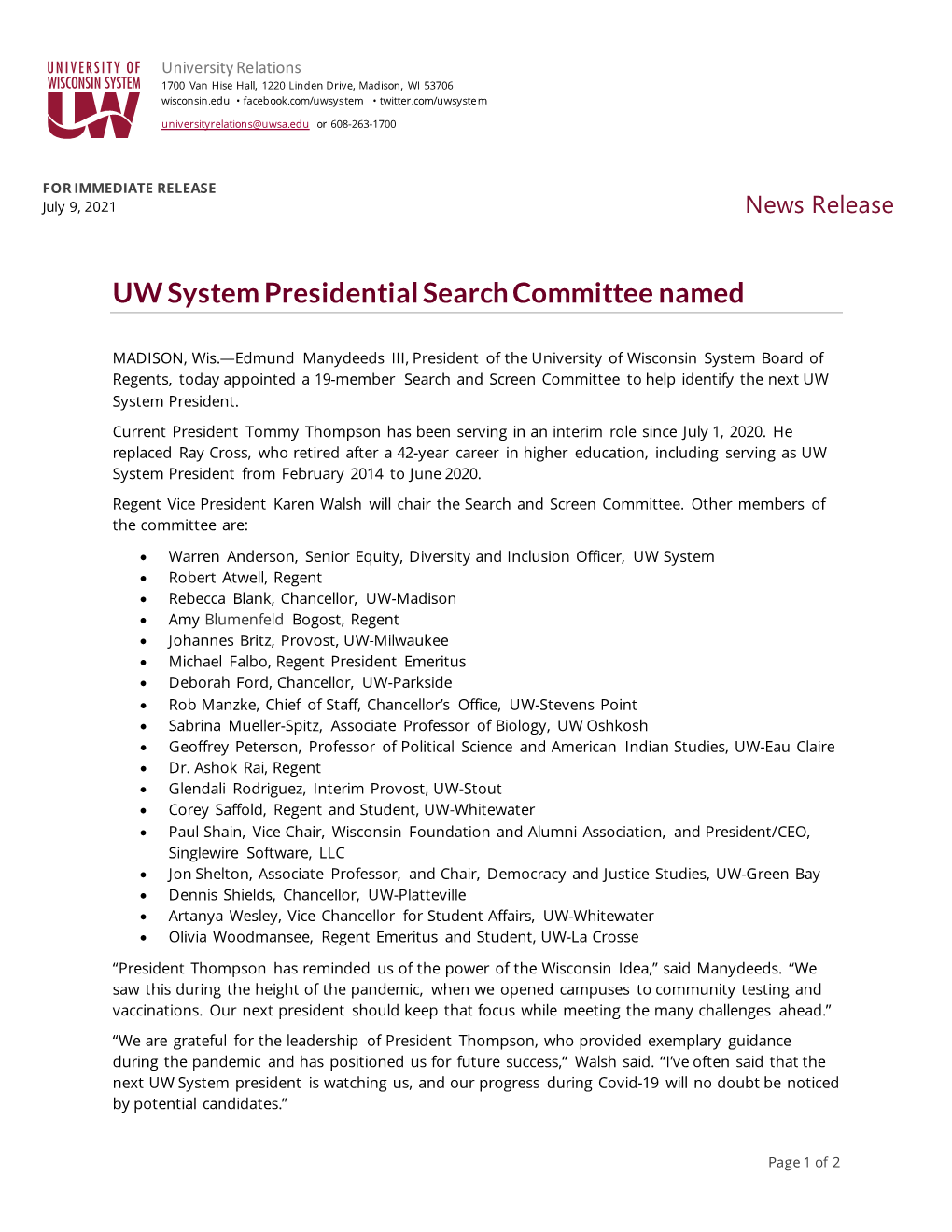 RELEASE: UW System Presidential Search Committee Named