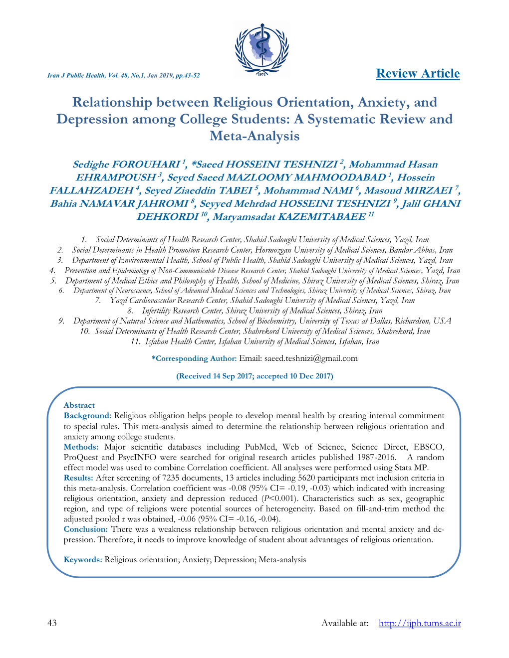 Relationship Between Religious Orientation, Anxiety, and Depression Among College Students: a Systematic Review and Meta-Analysis