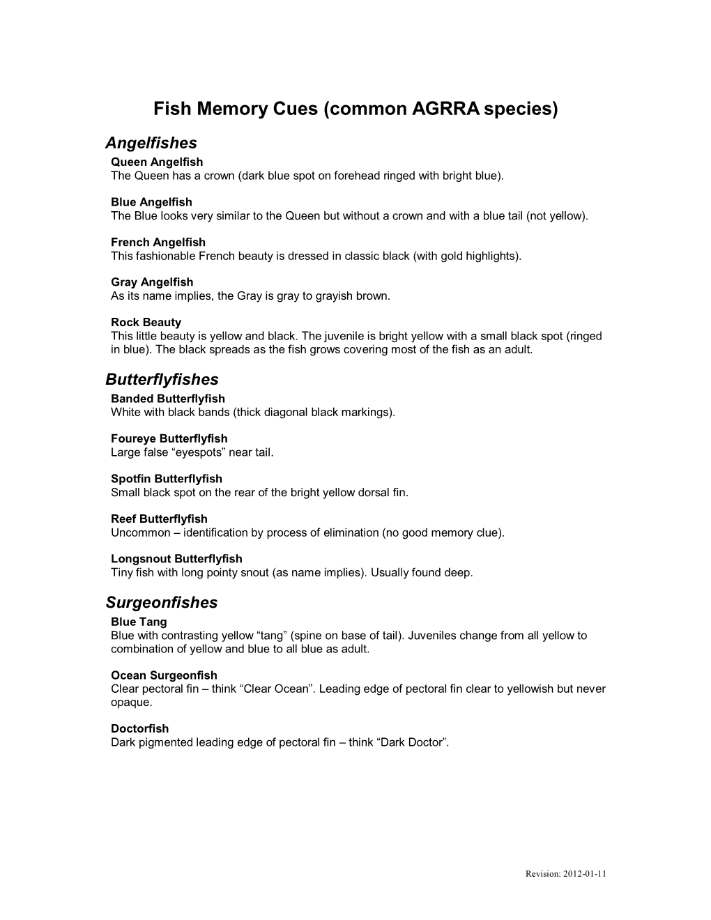 Fish Memory Cues (Common AGRRA Species)