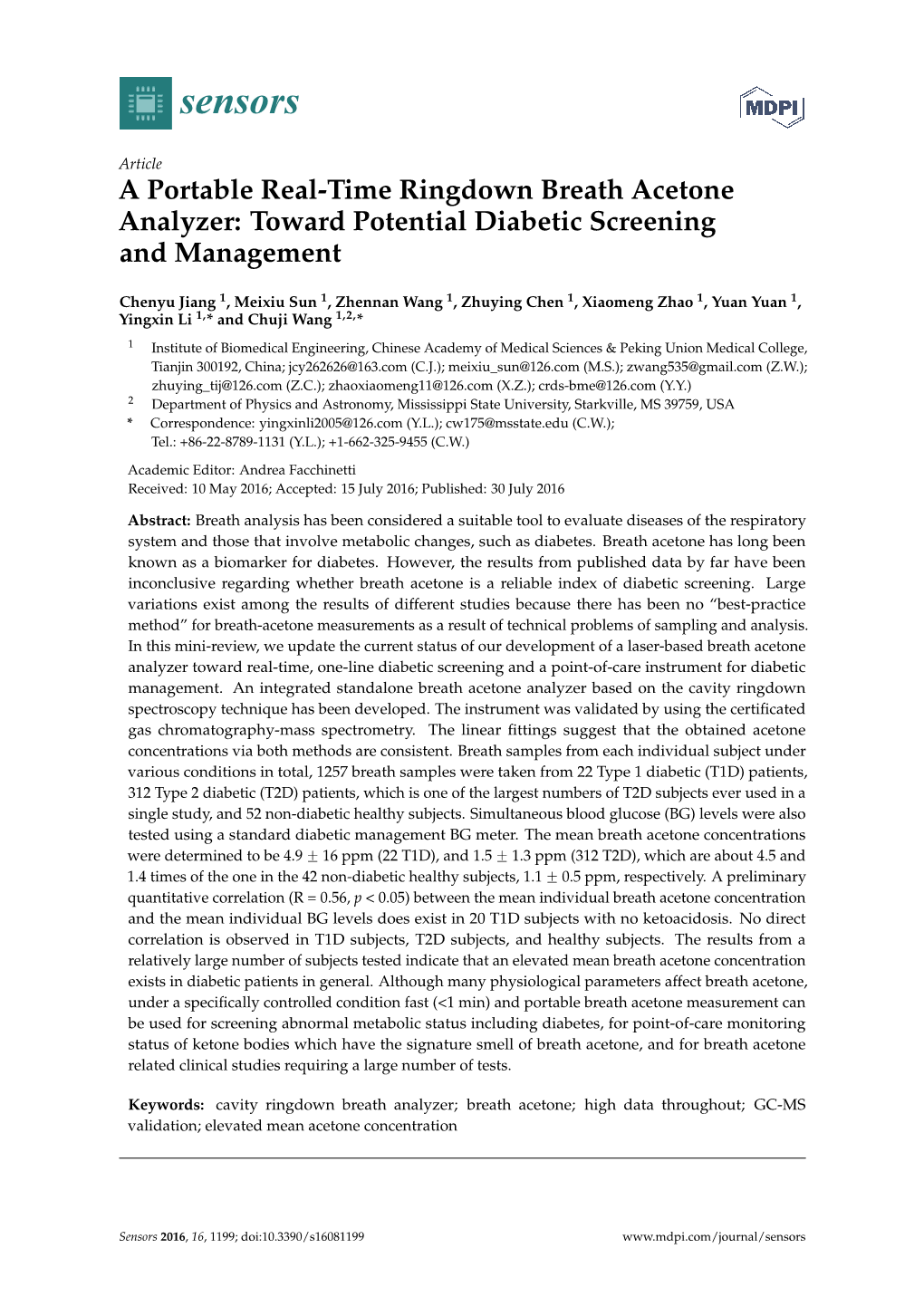 A Portable Real-Time Ringdown Breath Acetone Analyzer: Toward Potential Diabetic Screening and Management