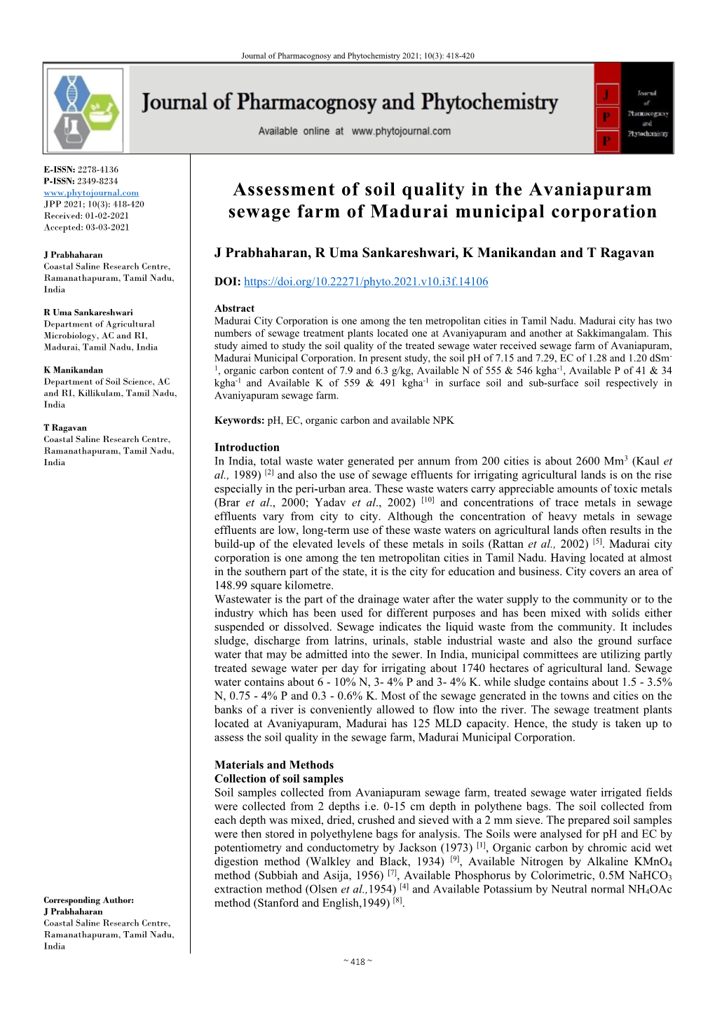 Assessment of Soil Quality in the Avaniapuram Sewage Farm Of