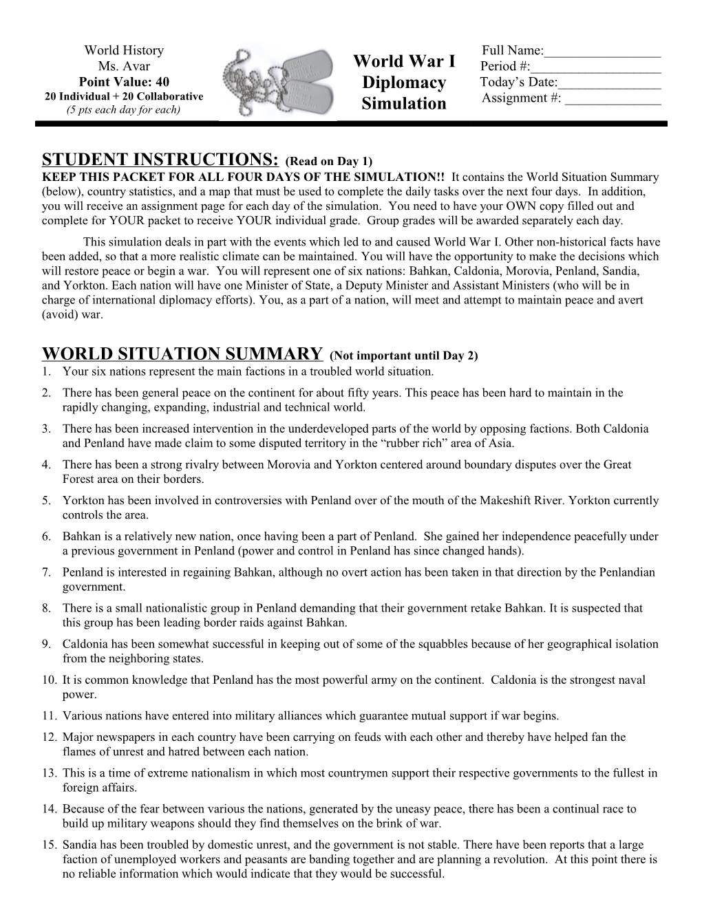 World History,World Situ Ation Summary ( Not Important Until Day 2)