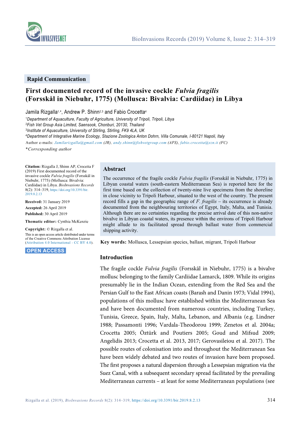 First Documented Record of the Invasive Cockle Fulvia Fragilis (Forsskål in Niebuhr, 1775) (Mollusca: Bivalvia: Cardiidae) in Libya