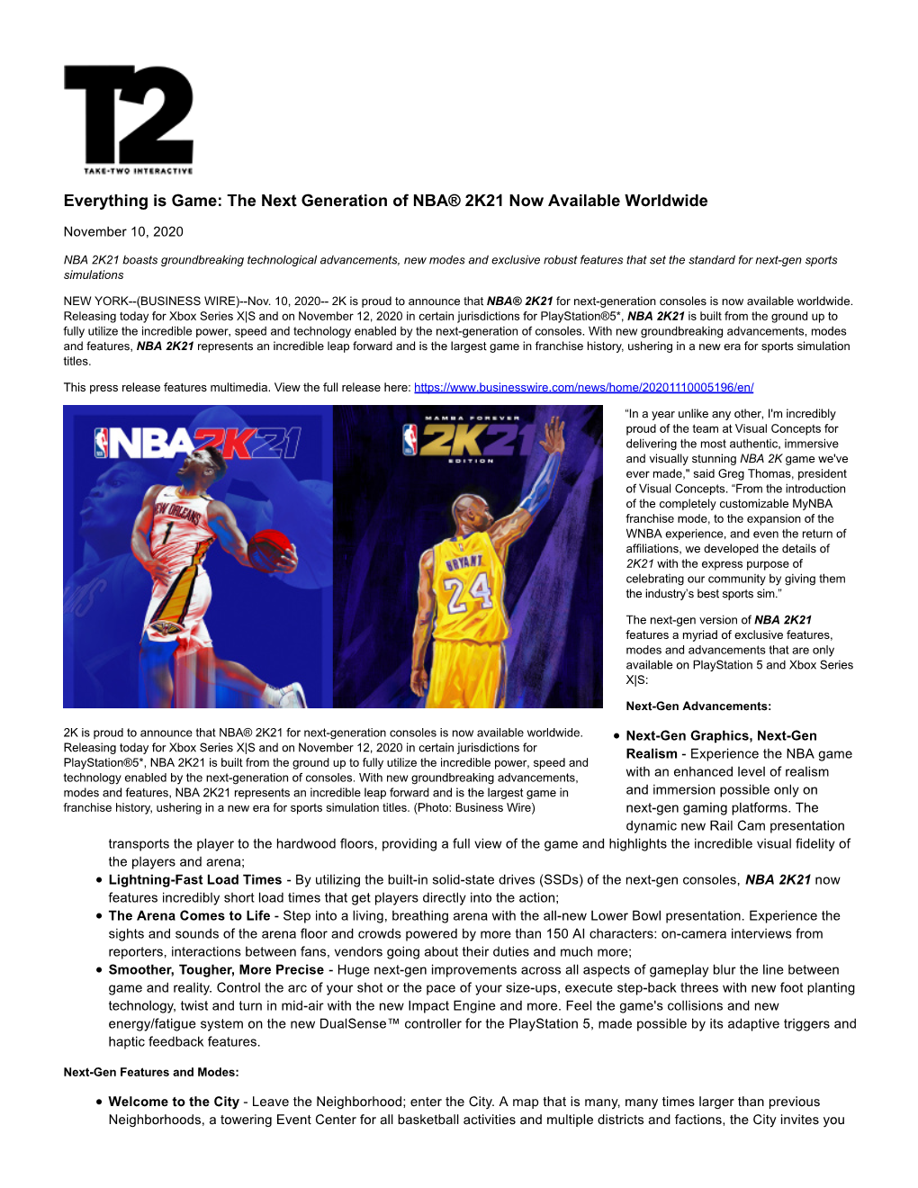 Everything Is Game: the Next Generation of NBA® 2K21 Now Available Worldwide