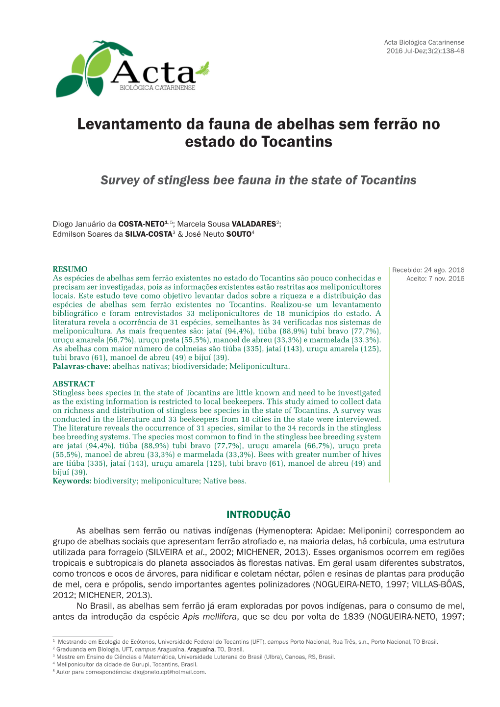 Levantamento Da Fauna De Abelhas Sem Ferrão No Estado Do Tocantins