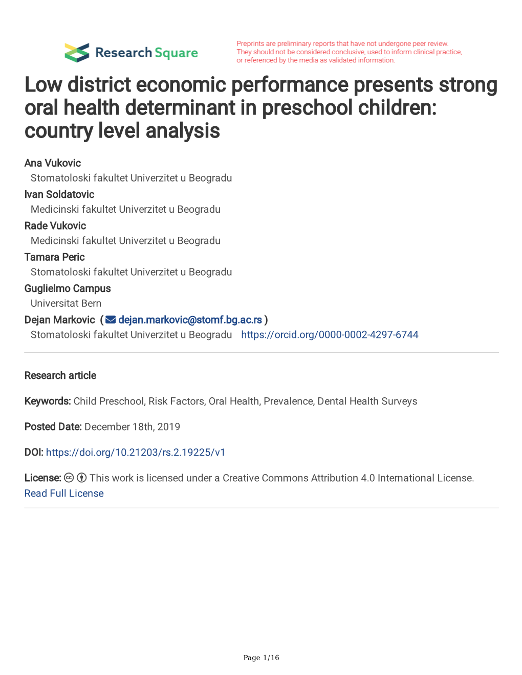 Low District Economic Performance Presents Strong Oral Health Determinant in Preschool Children: Country Level Analysis
