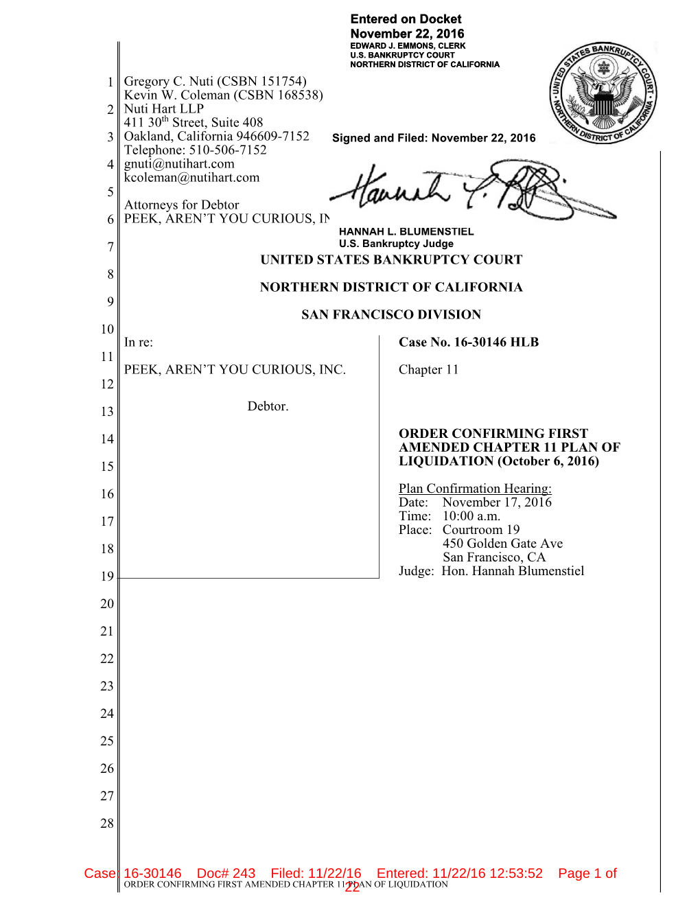 Order Confirming First Amended Chapter 11 Plan of Liquidation