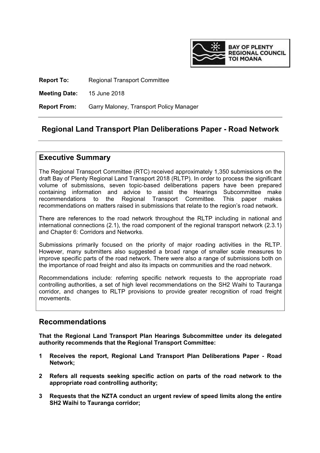 Regional Land Transport Plan Deliberations Paper - Road Network