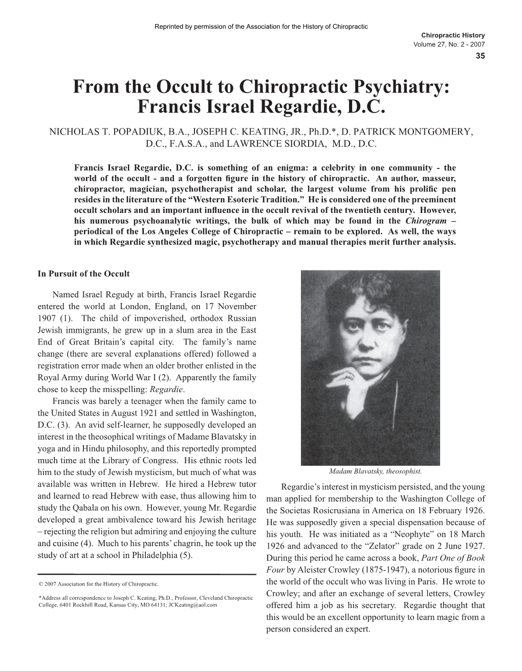 From the Occult to Chiropractic Psychiatry: Francis Israel Regardie, D.C