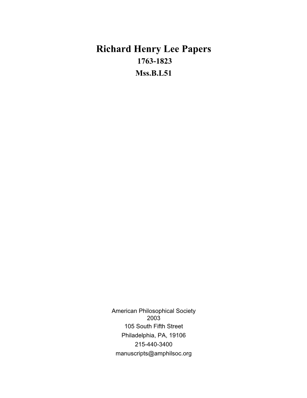 Richard Henry Lee Papers 1763-1823 Mss.B.L51