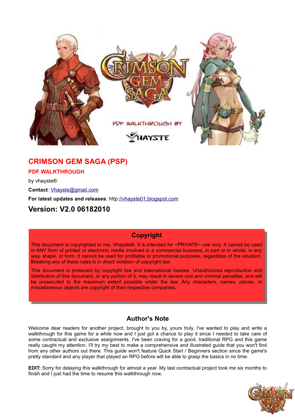 CRIMSON GEM SAGA (PSP) PDF WALKTHROUGH by Vhayste® Contact: Vhayste@Gmail.Com for Latest Updates and Releases: Version: V2.0 06182010