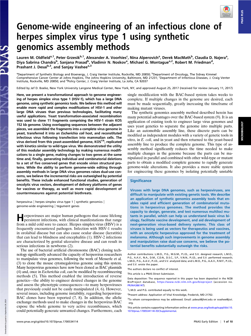 Genome-Wide Engineering of an Infectious Clone of Herpes Simplex