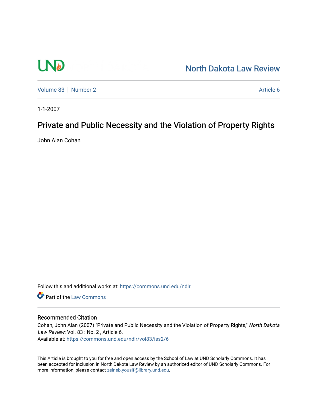 Private and Public Necessity and the Violation of Property Rights