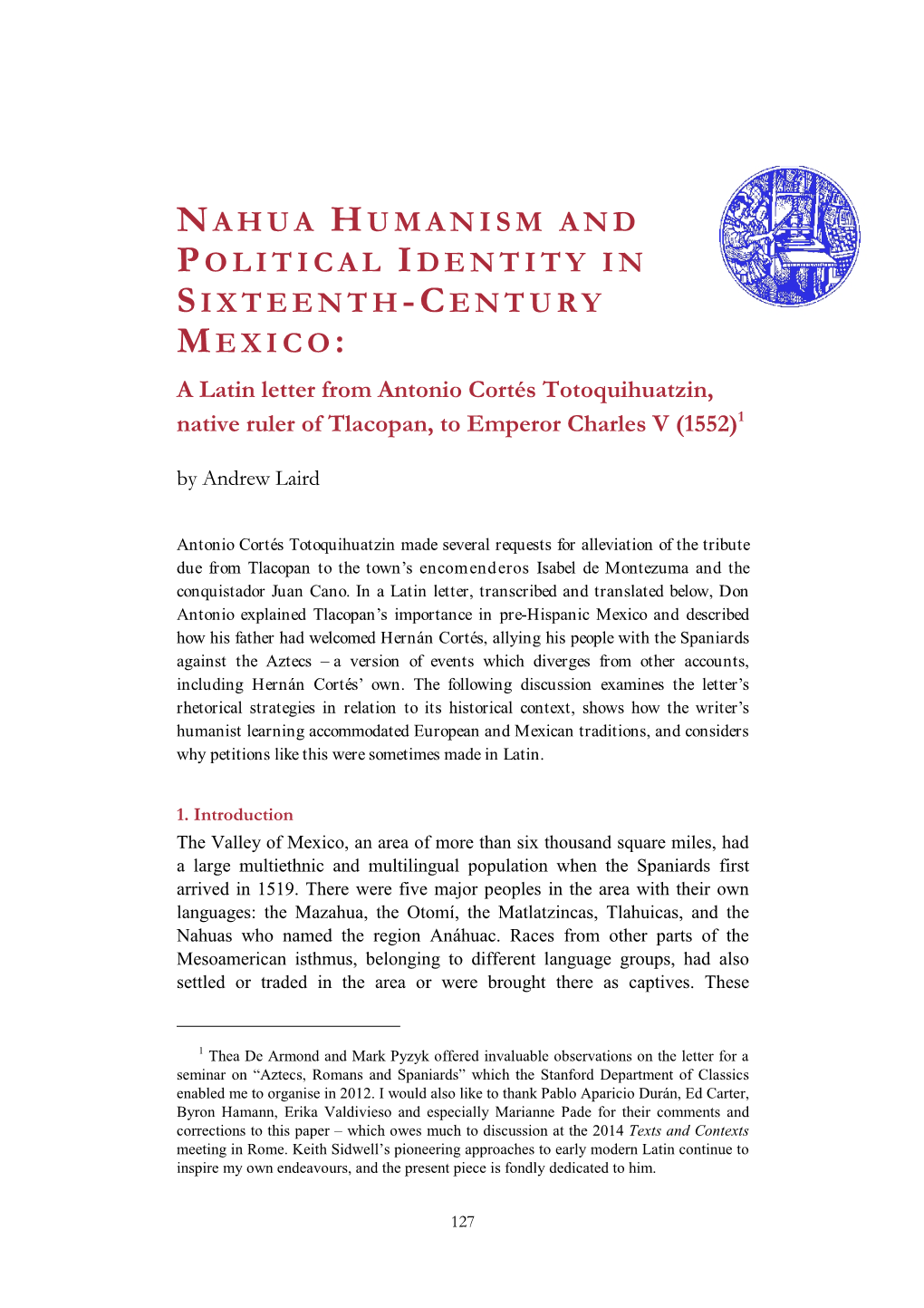 Nahua Humanism and Political Identity in Sixteenth