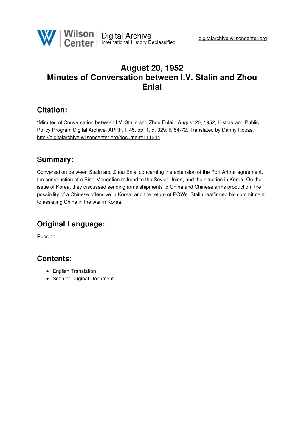 August 20, 1952 Minutes of Conversation Between I.V. Stalin and Zhou Enlai