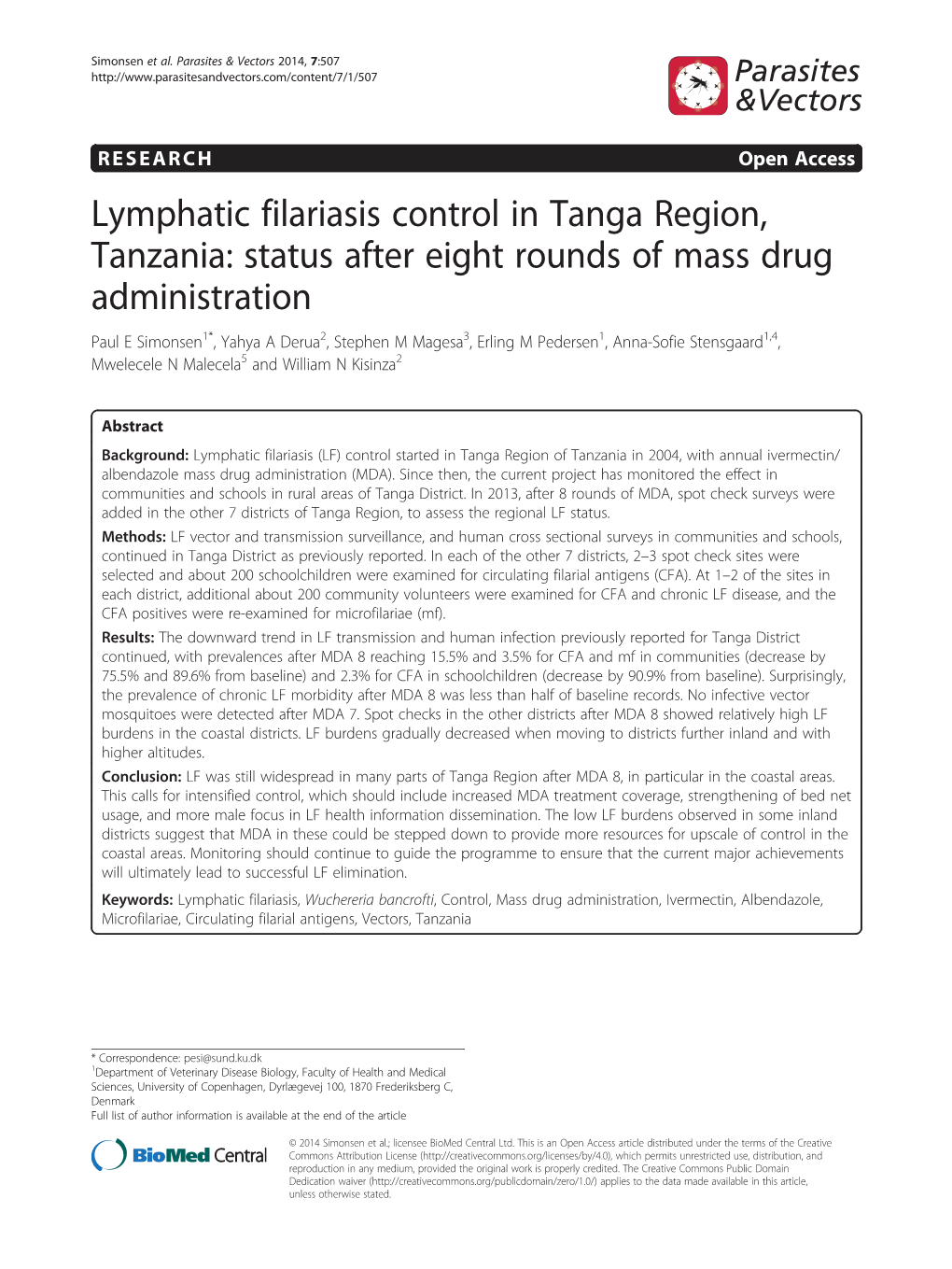 Lymphatic Filariasis Control in Tanga Region, Tanzania: Status After Eight Rounds of Mass Drug Administration