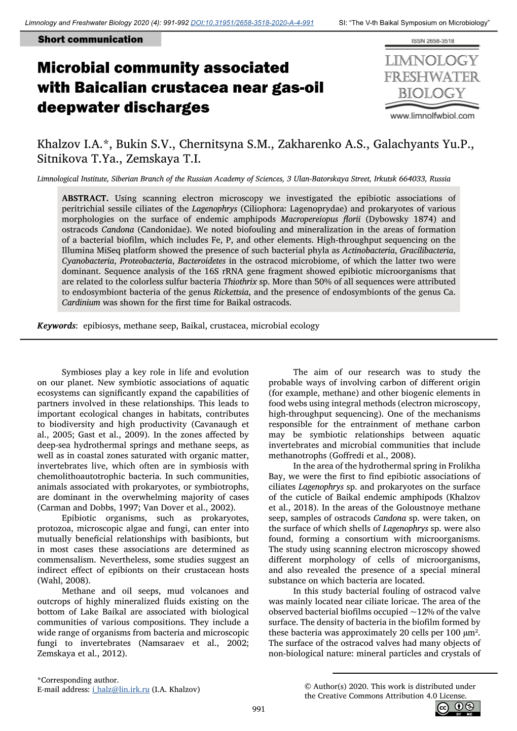 Microbial Community Associated with Baicalian Crustacea Near Gas-Oil Deepwater Discharges