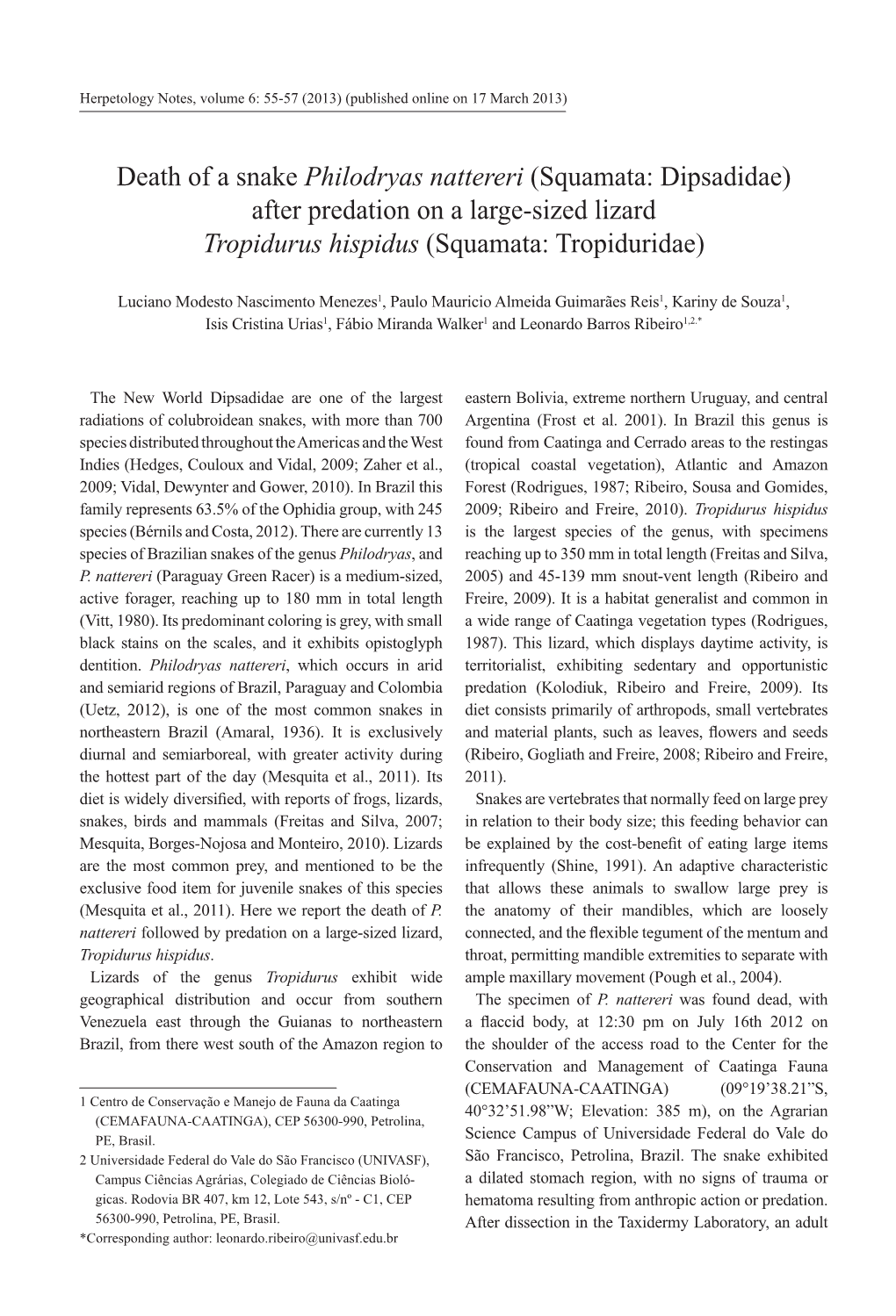 Death of a Snake Philodryas Nattereri (Squamata: Dipsadidae) After Predation on a Large-Sized Lizard Tropidurus Hispidus (Squamata: Tropiduridae)