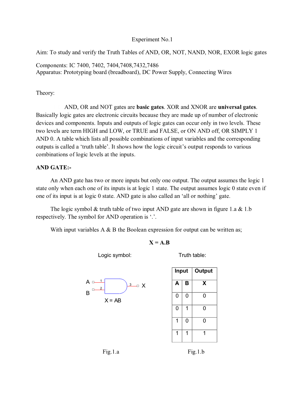 To Study and Verify the Truth Tables of AND, OR, NOT, NAND, NOR, EXOR Logic Gates Components