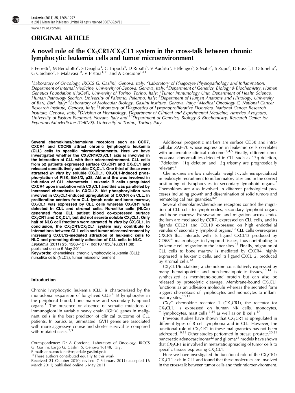 CX3CL1 System in the Cross-Talk Between Chronic Lymphocytic Leukemia Cells and Tumor Microenvironment