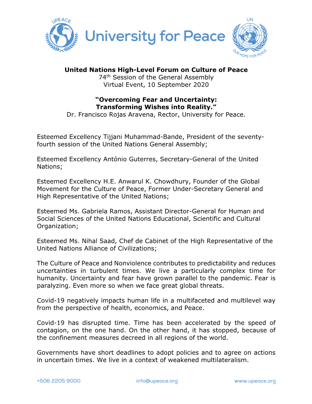 United Nations High-Level Forum on Culture of Peace 74Th Session of the General Assembly Virtual Event, 10 September 2020