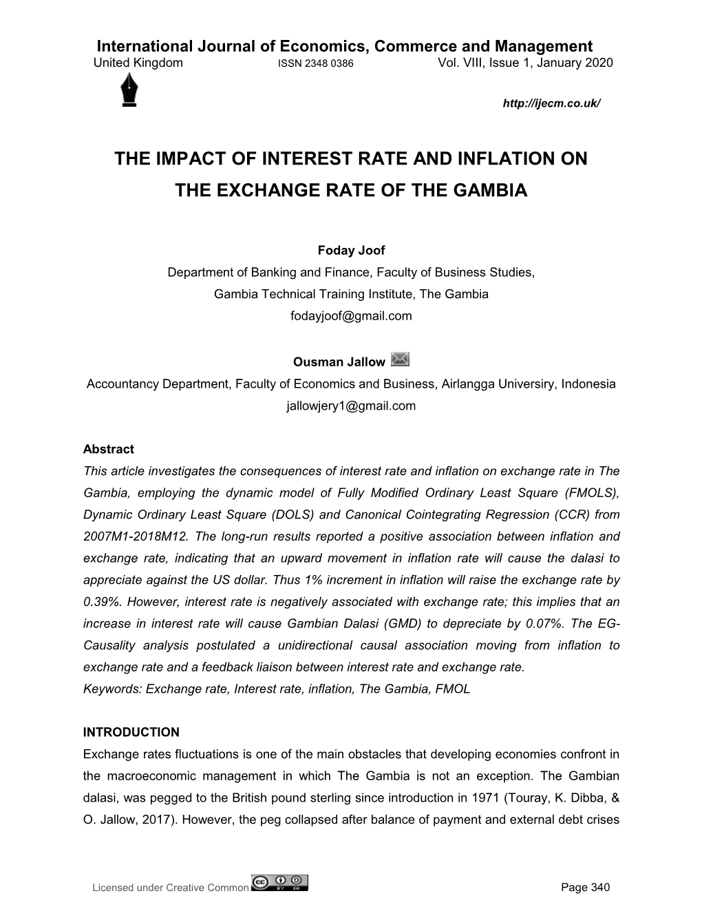 The Impact of Interest Rate and Inflation on the Exchange Rate of the Gambia