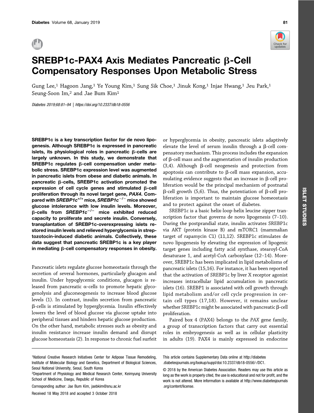 Srebp1c-PAX4 Axis Mediates Pancreatic Β-Cell Compensatory