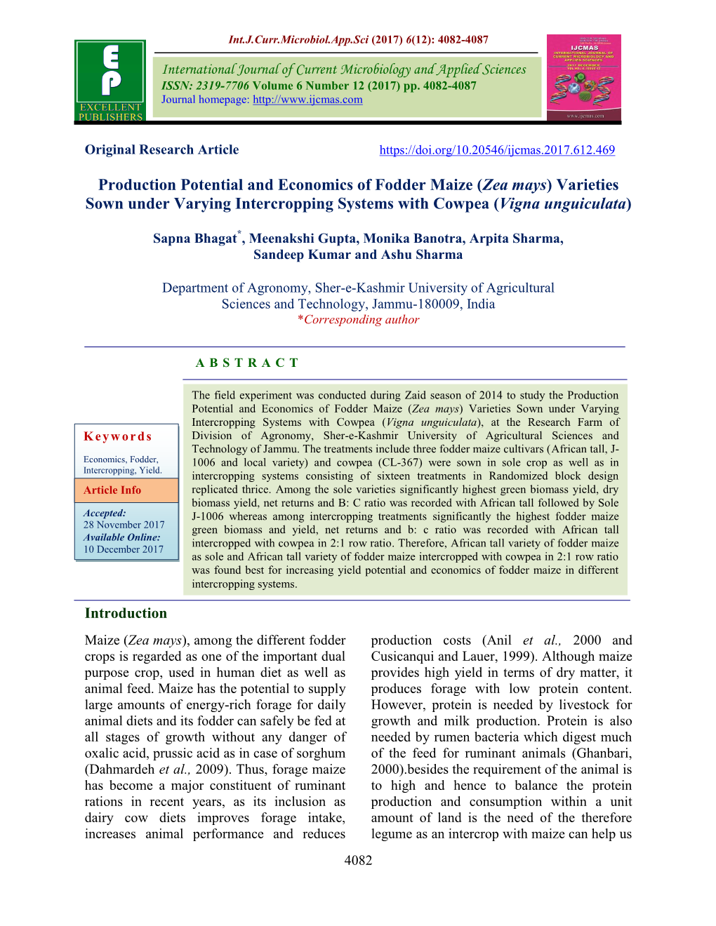 Production Potential and Economics of Fodder Maize (Zea Mays) Varieties Sown Under Varying Intercropping Systems with Cowpea (Vigna Unguiculata)