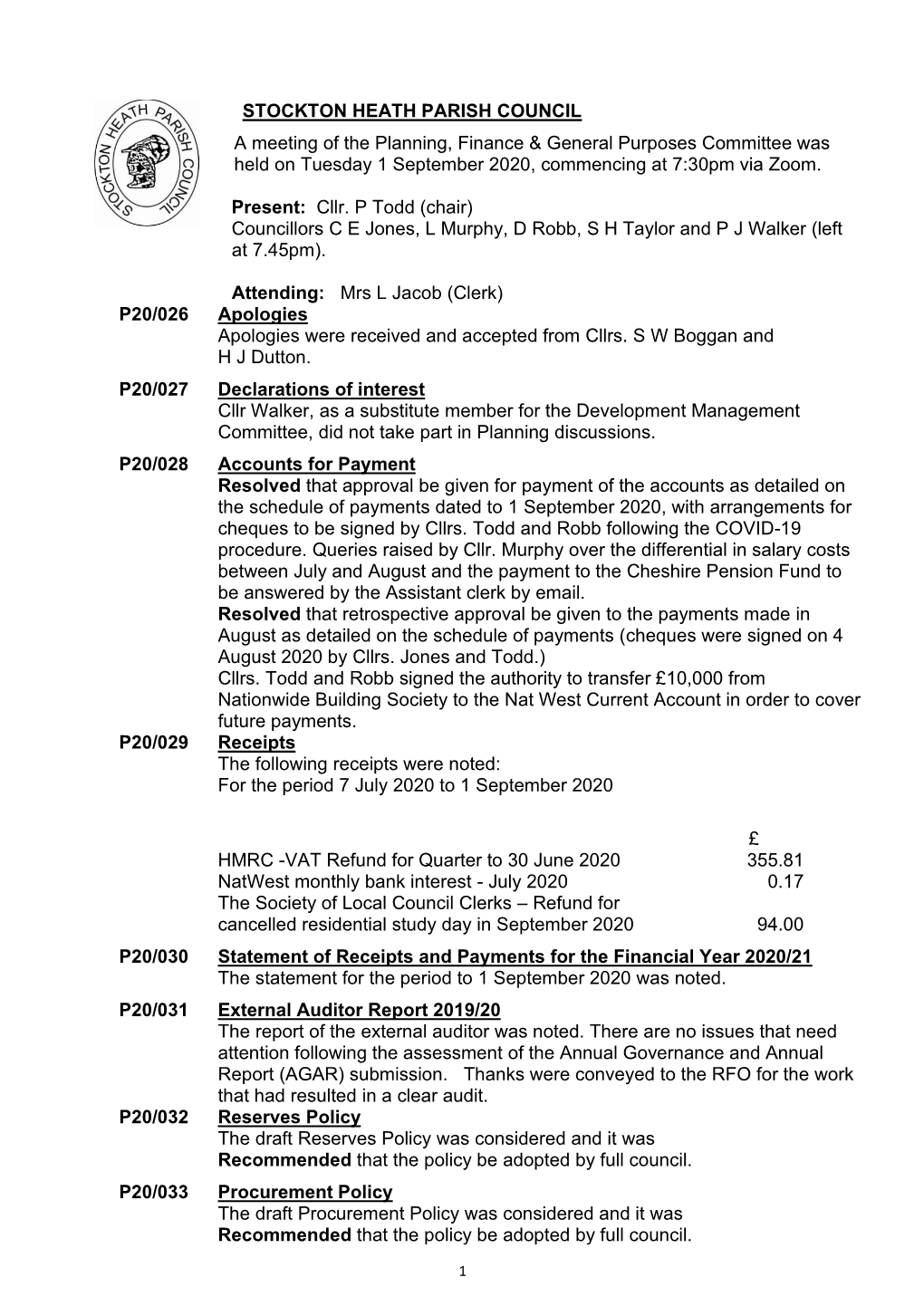 STOCKTON HEATH PARISH COUNCIL a Meeting of the Planning, Finance & General Purposes Committee Was Held on Tuesday 1 Septembe