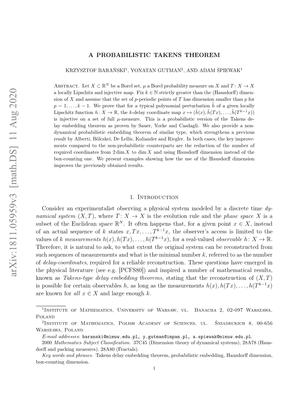 A Probabilistic Takens Theorem