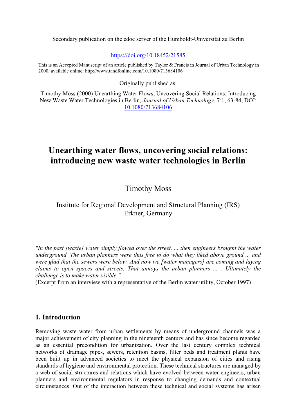 Introducing New Waste Water Technologies in Berlin, Journal of Urban Technology, 7:1, 63-84, DOI: 10.1080/713684106