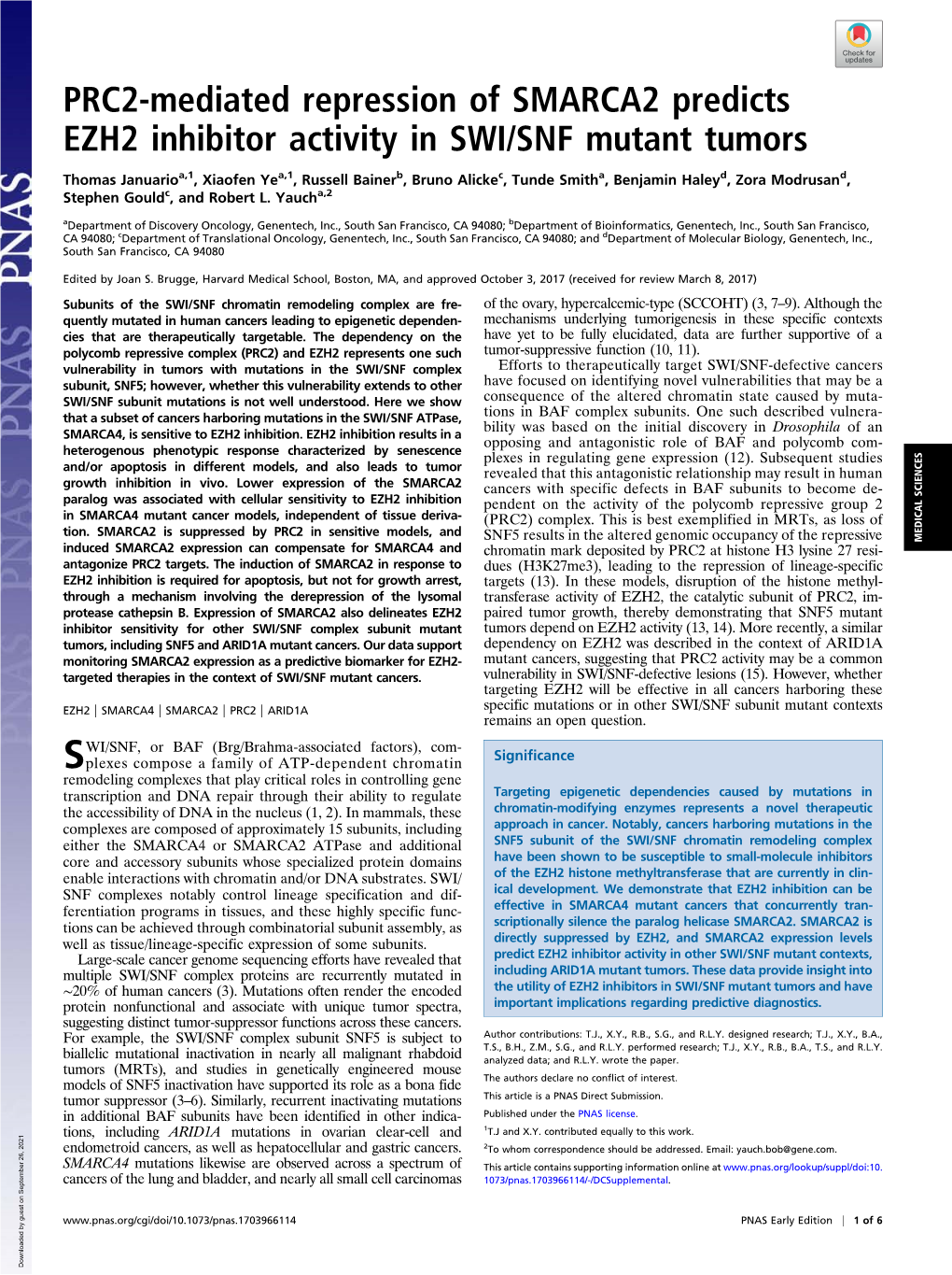 PRC2-Mediated Repression of SMARCA2 Predicts EZH2 Inhibitor Activity in SWI/SNF Mutant Tumors