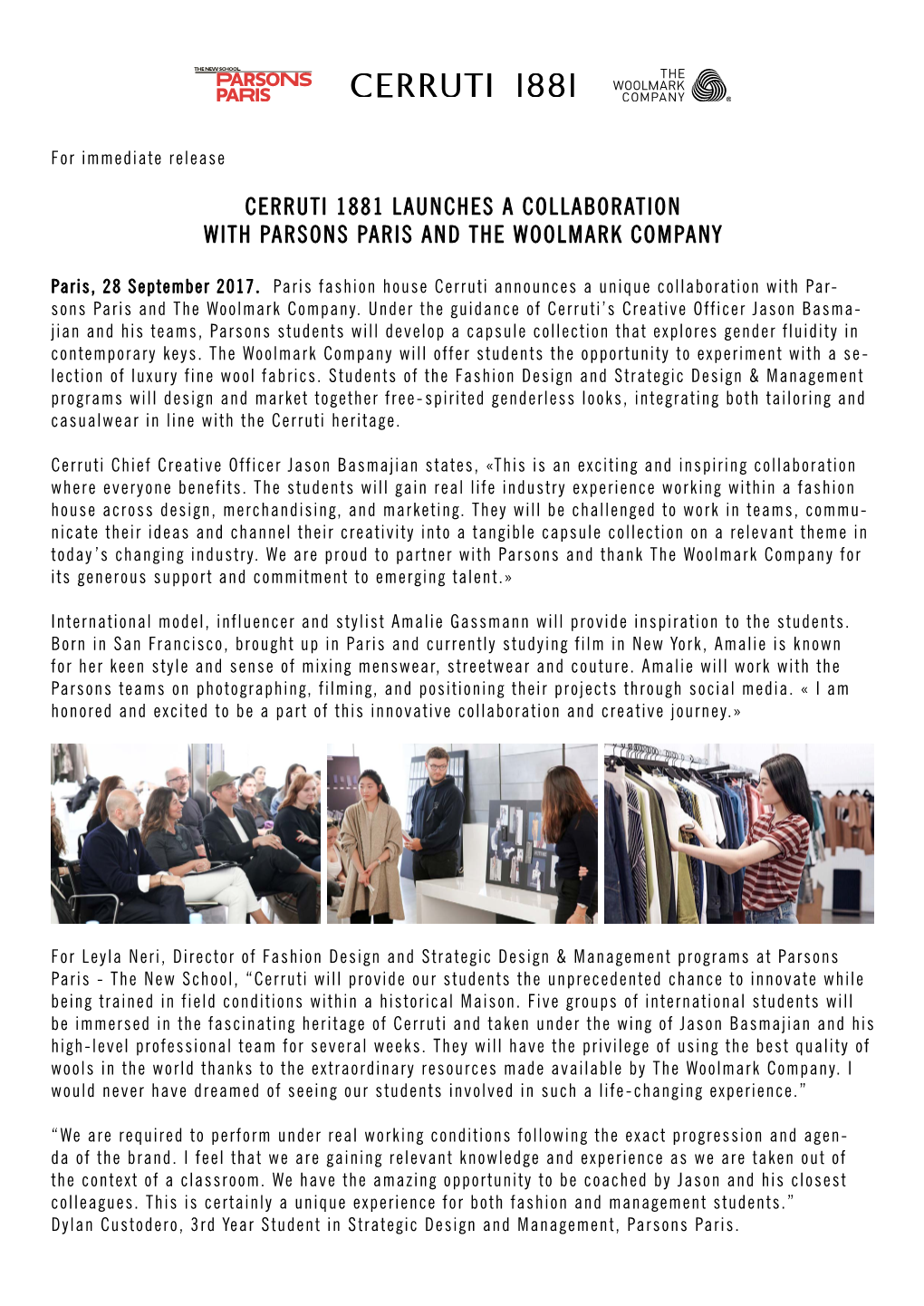 Cerruti 1881 Launches a Collaboration with Parsons Paris and the Woolmark Company