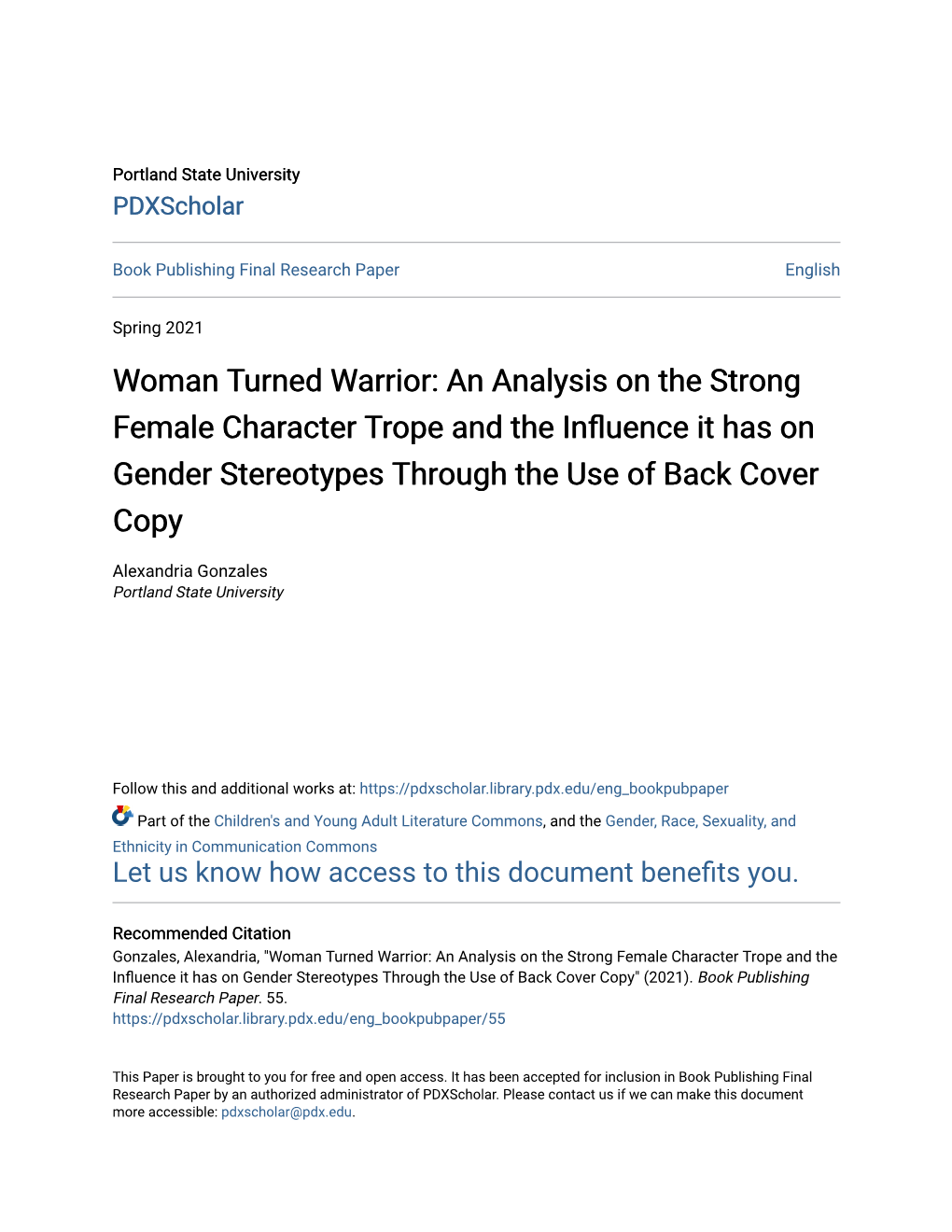 An Analysis on the Strong Female Character Trope and the Influence It Has on Gender Stereotypes Through the Use of Back Cover Copy