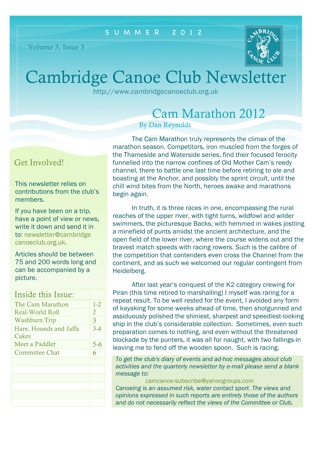 Cambridge Canoe Club Newsletter Cam Marathon 2012 by Dan Reynolds