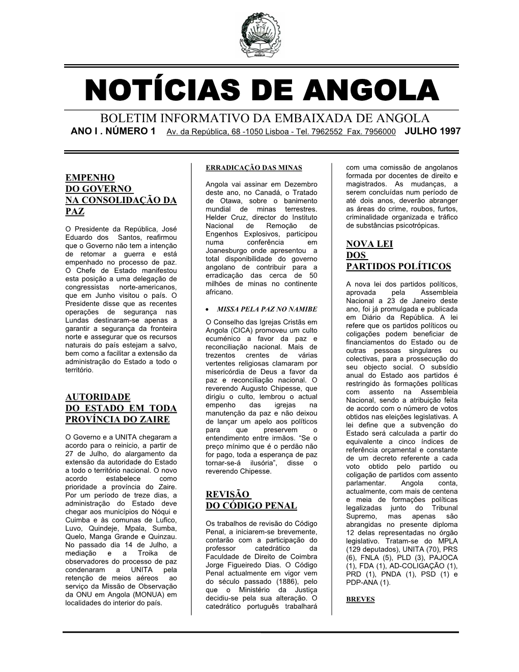 Notícias De Angola Boletim Informativo Da Embaixada De Angola Ano I